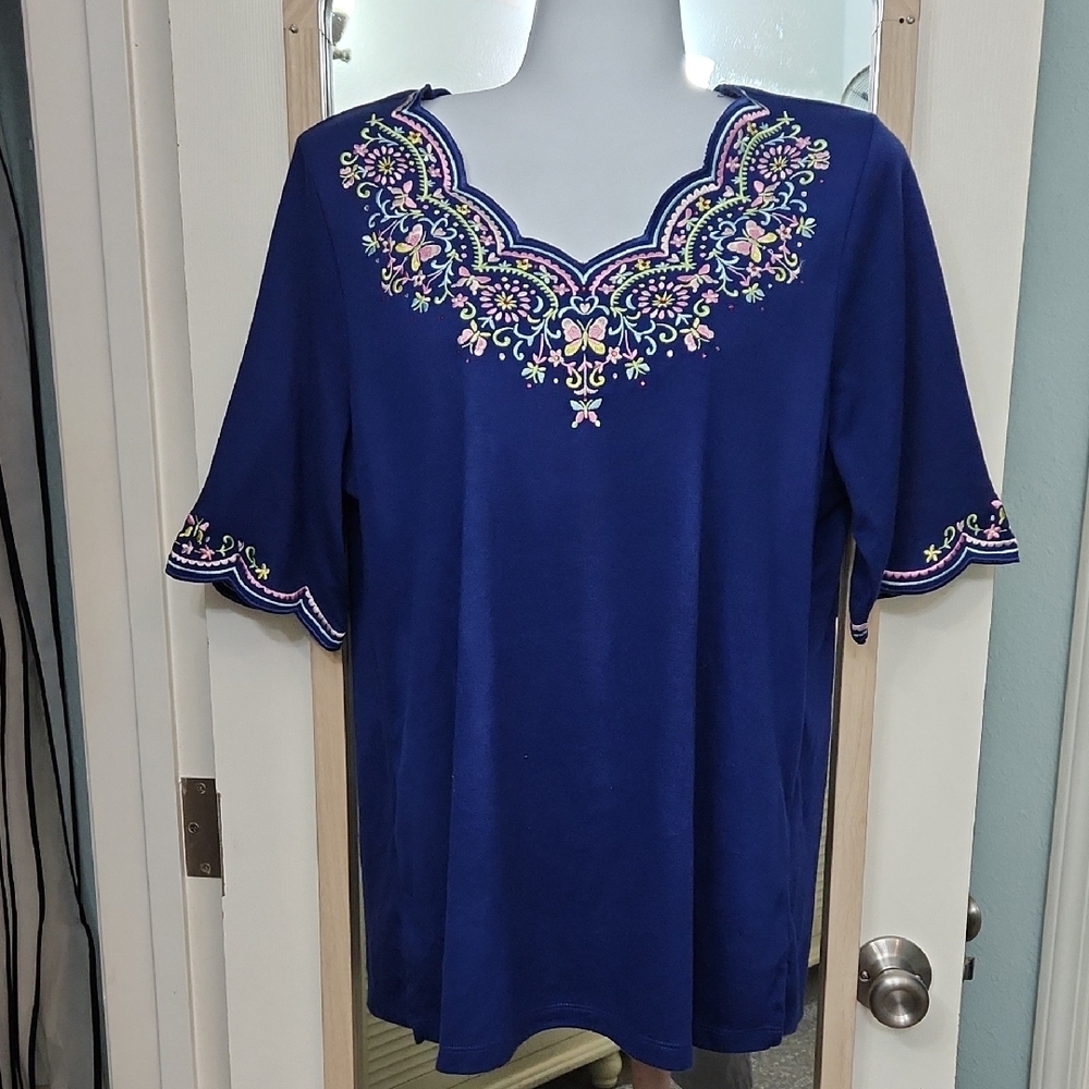 Quacker Factory Royal Blue Embroidered Short Sleeve Top